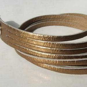 Mini Sliced Bronze Leather Double Wrap Cuff..