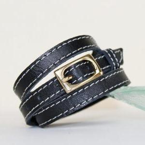 Triple Wrap Black Leather Cuff-bracelet