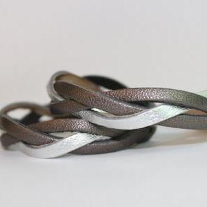 Metallic Grey And Silver Braide Leather Wrap Cuff..