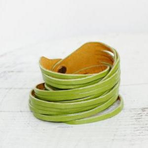 Light Green Genuine Leather Double Wrap Cuff..