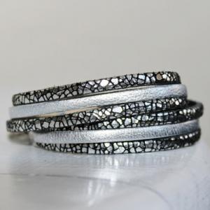 Silver Black And Silver Leather Wrap Cuff Bracelet
