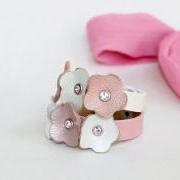 Kids Collection,Two Bracelets Green and Pink Flowers,Genuine Leather ,Swarowski Crystals Bracelet