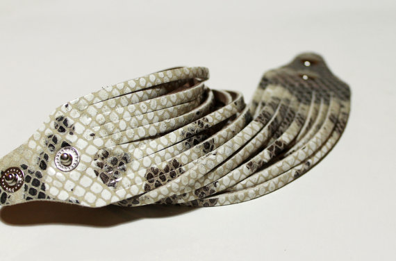 Python Snakeskin Cream Brown Leather Double Wrap Bracelet