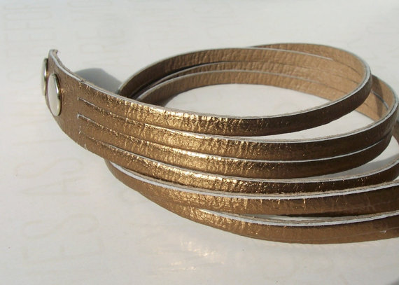Mini Sliced Bronze Leather Double Wrap Cuff Bracelet