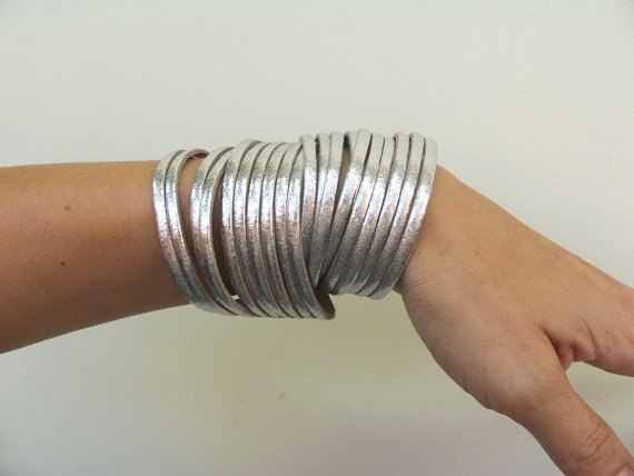 Multi Strand Metallic Silver Leather Double Wrap Cuff Bracelet