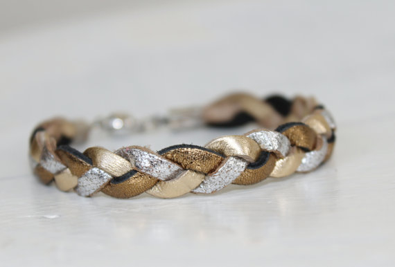 Tri-color Braided Leather Bracelet / Metallic Leather /bronze, Gold, Silver