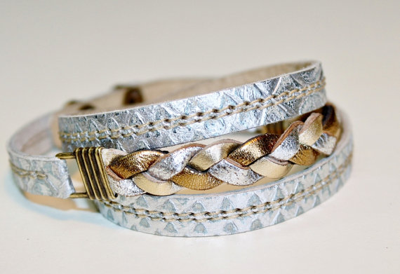 Bronze ,gold And Silver Braide Wrap Bracelet / Metallic Snakeskin Leather Cuff