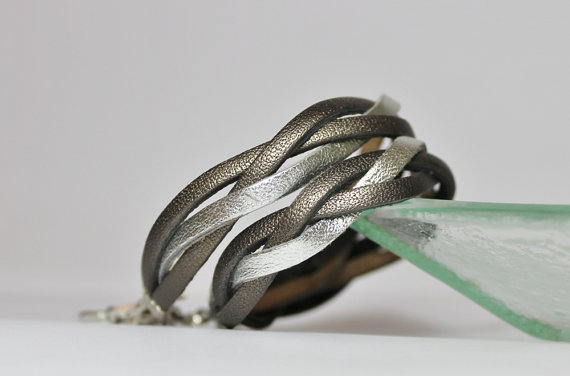 Metallic Grey And Silver Braide Leather Wrap Cuff Bracelet