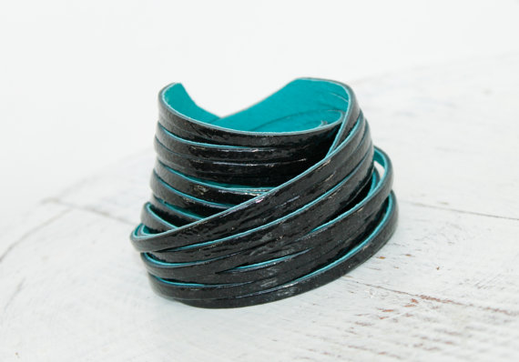 Black Patent Genuine Leather Double Wrap Cuff Bracelet