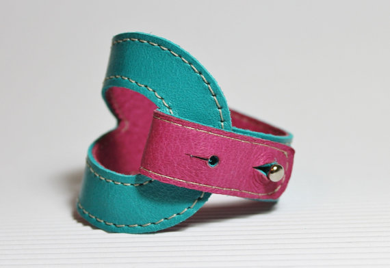 Bi-color Leather Bracelet In Turquoise And Deep Pink / Magenta Leather Cuff