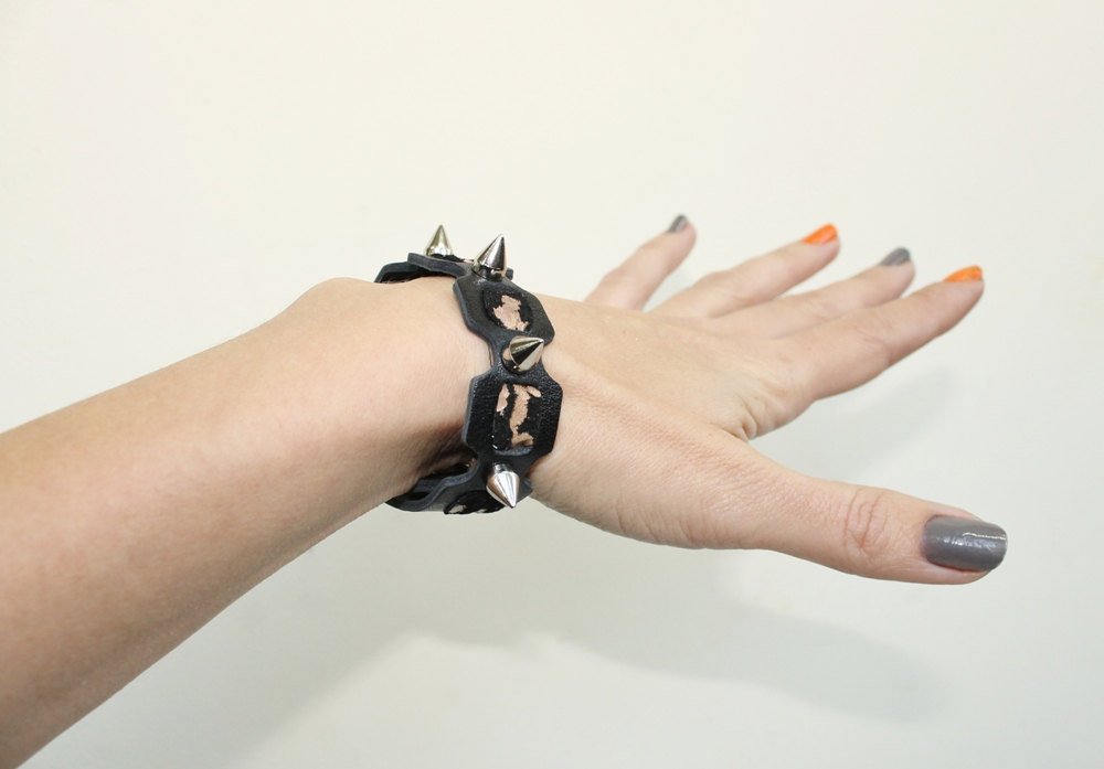 Black Genuine Leather Bracelet ,leopard Print Leather , Nickel Plated Spikes Cuff